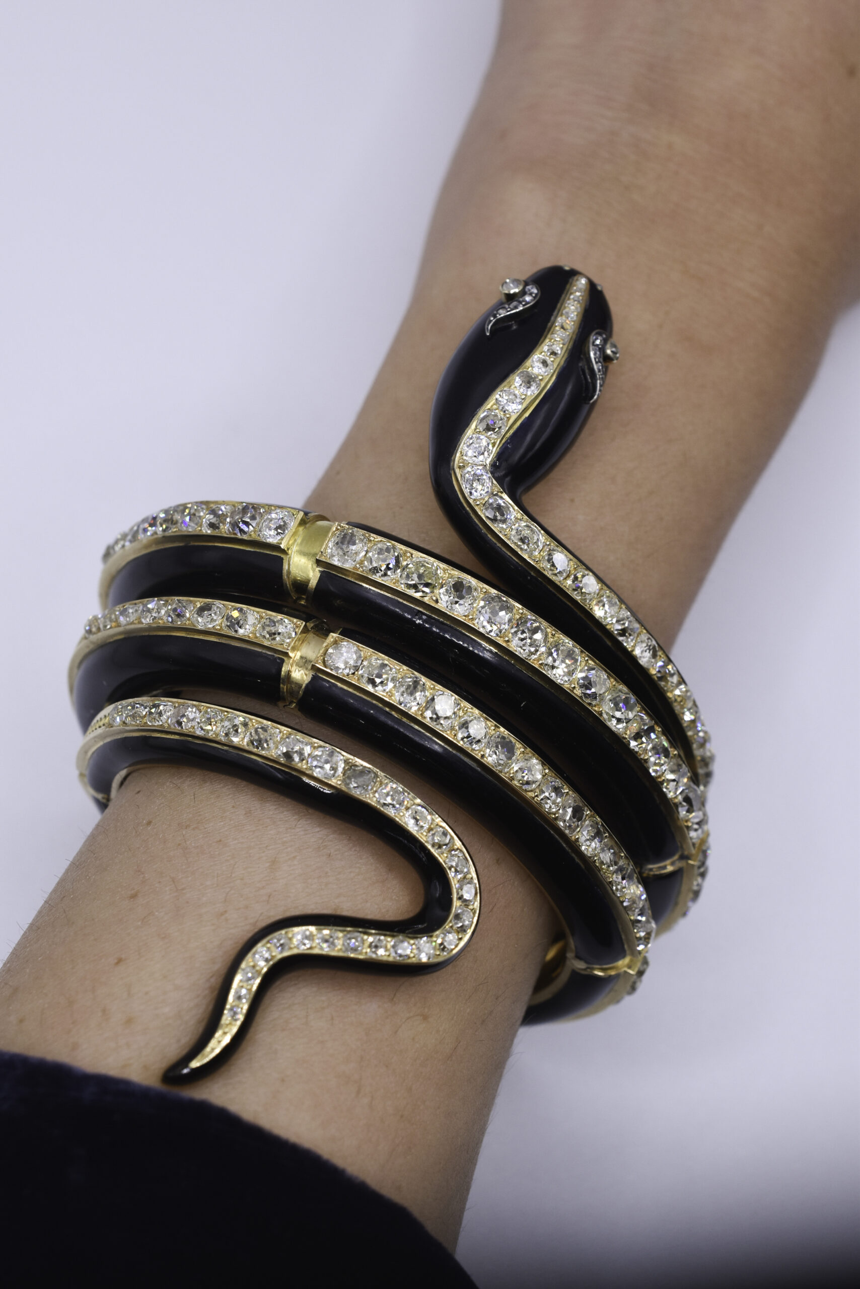 Antique Victorian 18k Gold & Black Enamel Diamond Snake Bracelet
